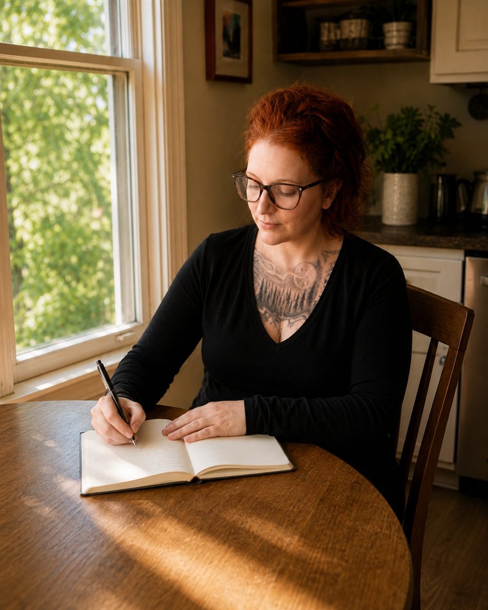 Cece writing in a notebook at a sunlit kitchen table