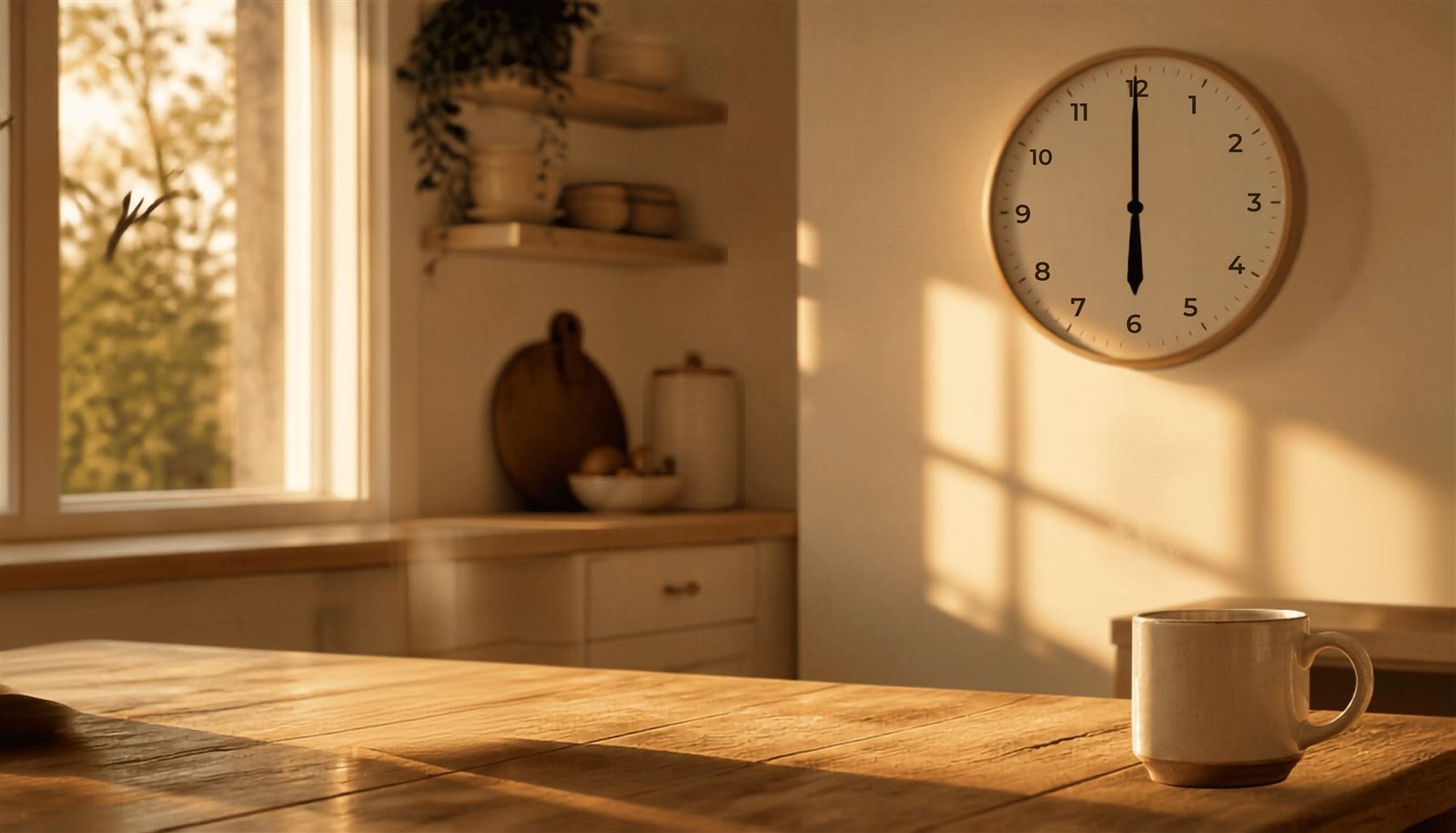 A quiet kitchen at six in the evening, a mug on a wooden table in low golden light